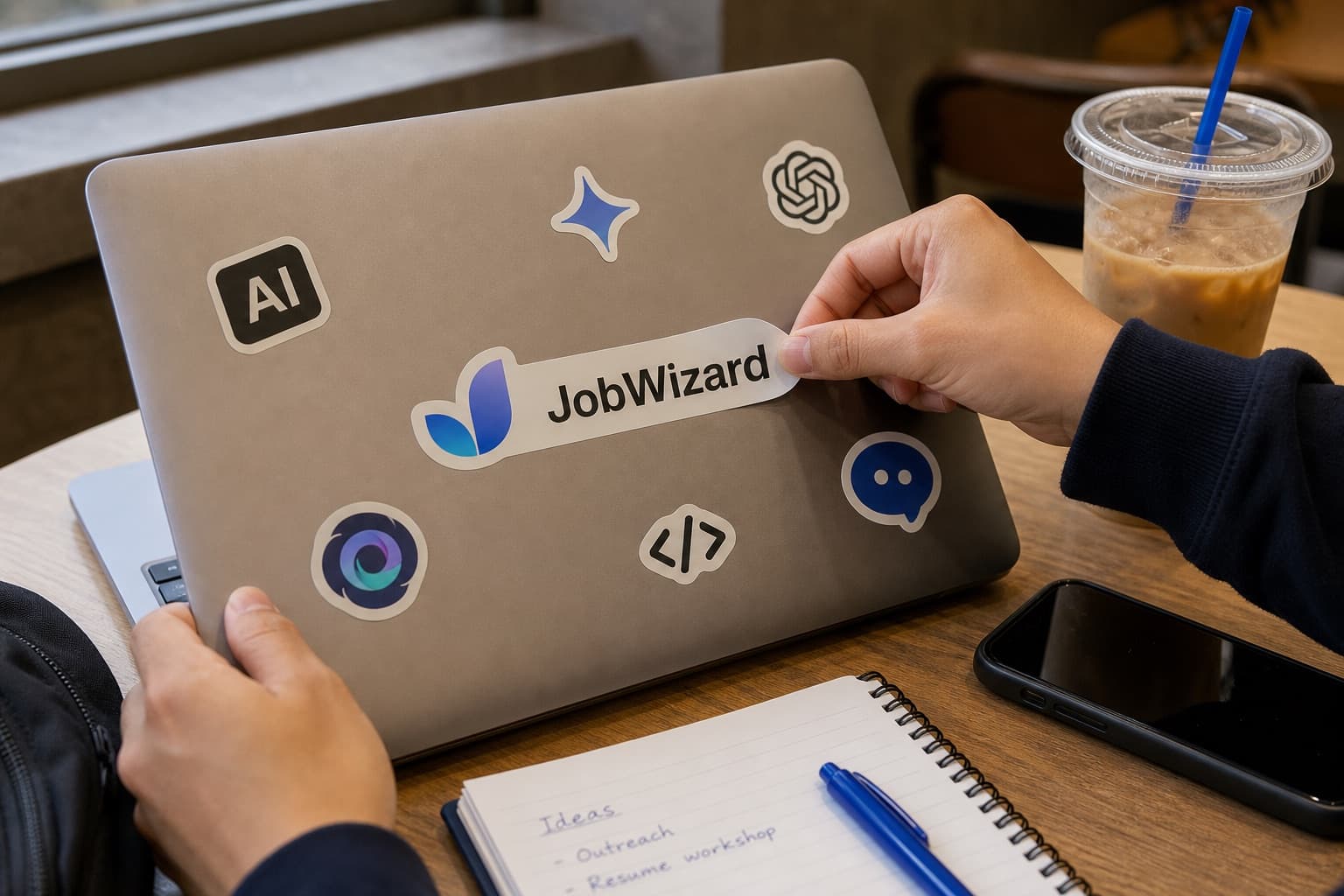 JobWizard sticker being placed on a laptop