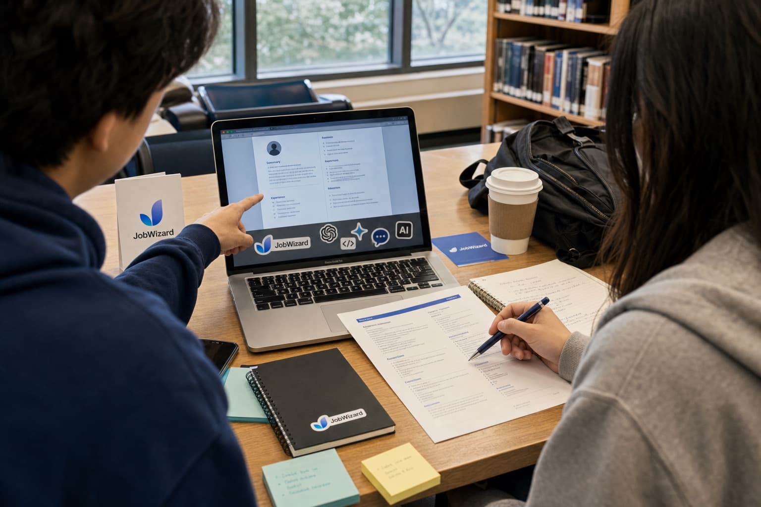Students reviewing an application with JobWizard materials in a library