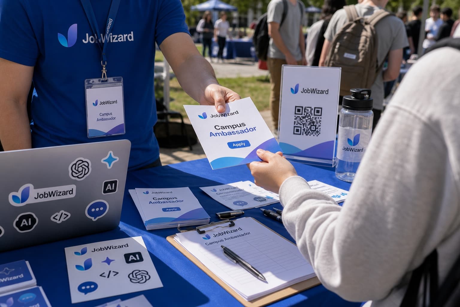 Campus ambassador booth sharing a JobWizard flyer