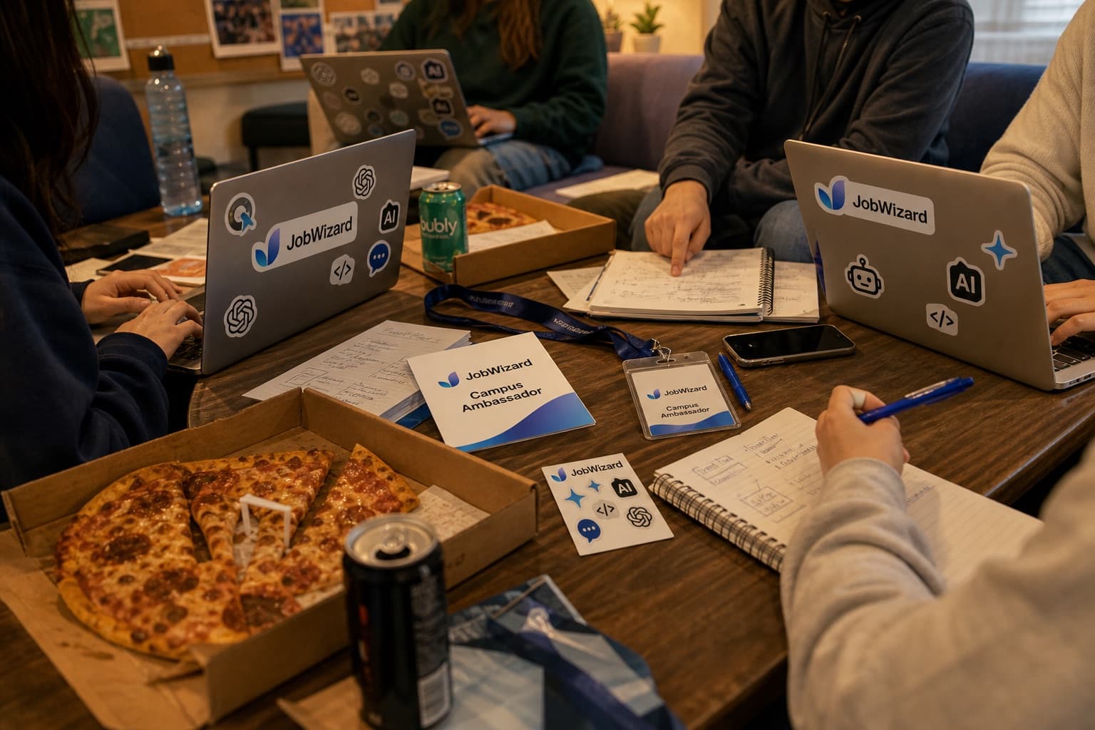 Campus ambassador meetup with laptops, notes, and welcome materials