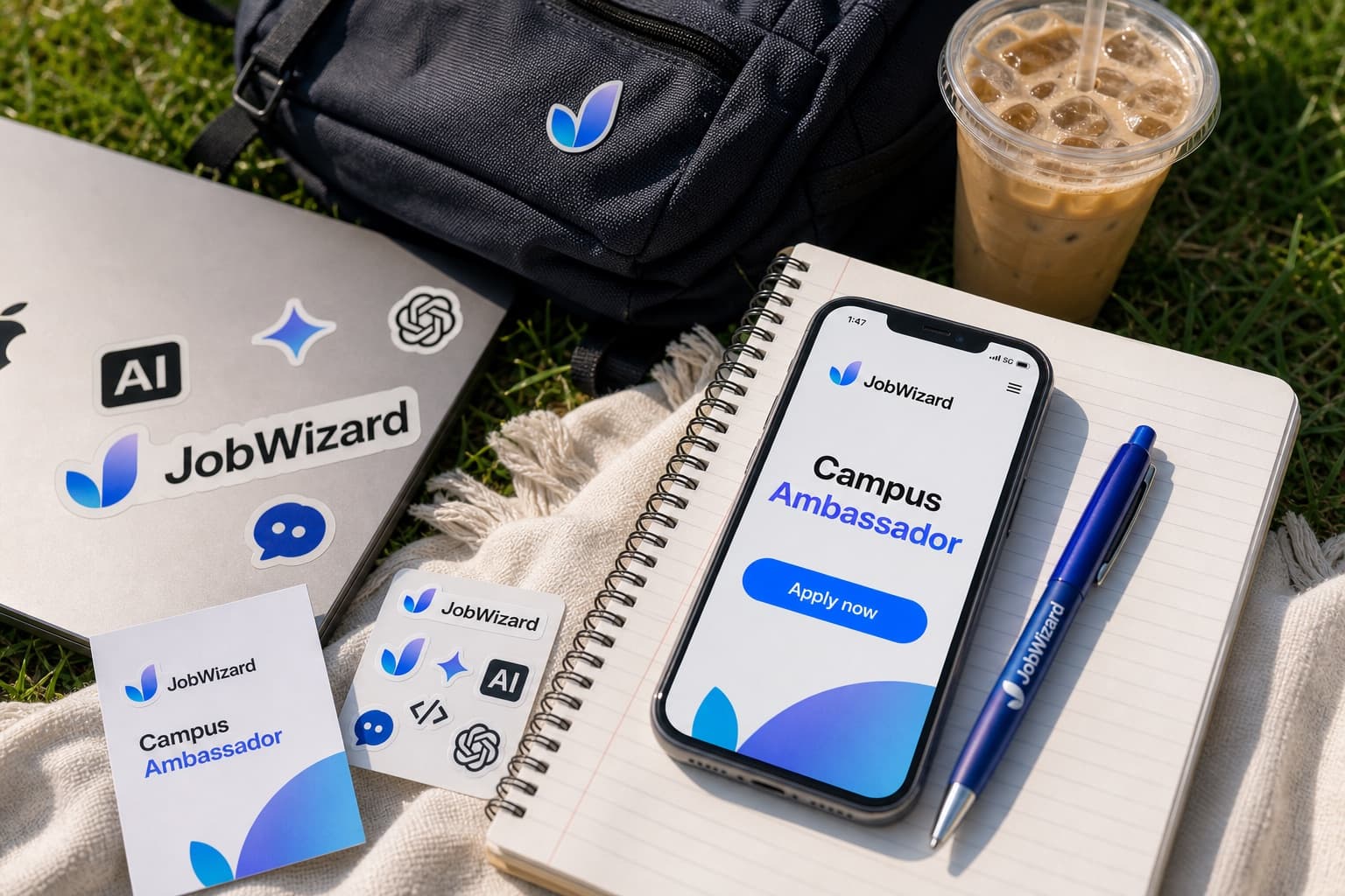 JobWizard Campus Ambassador apply page shown on a phone with campus materials