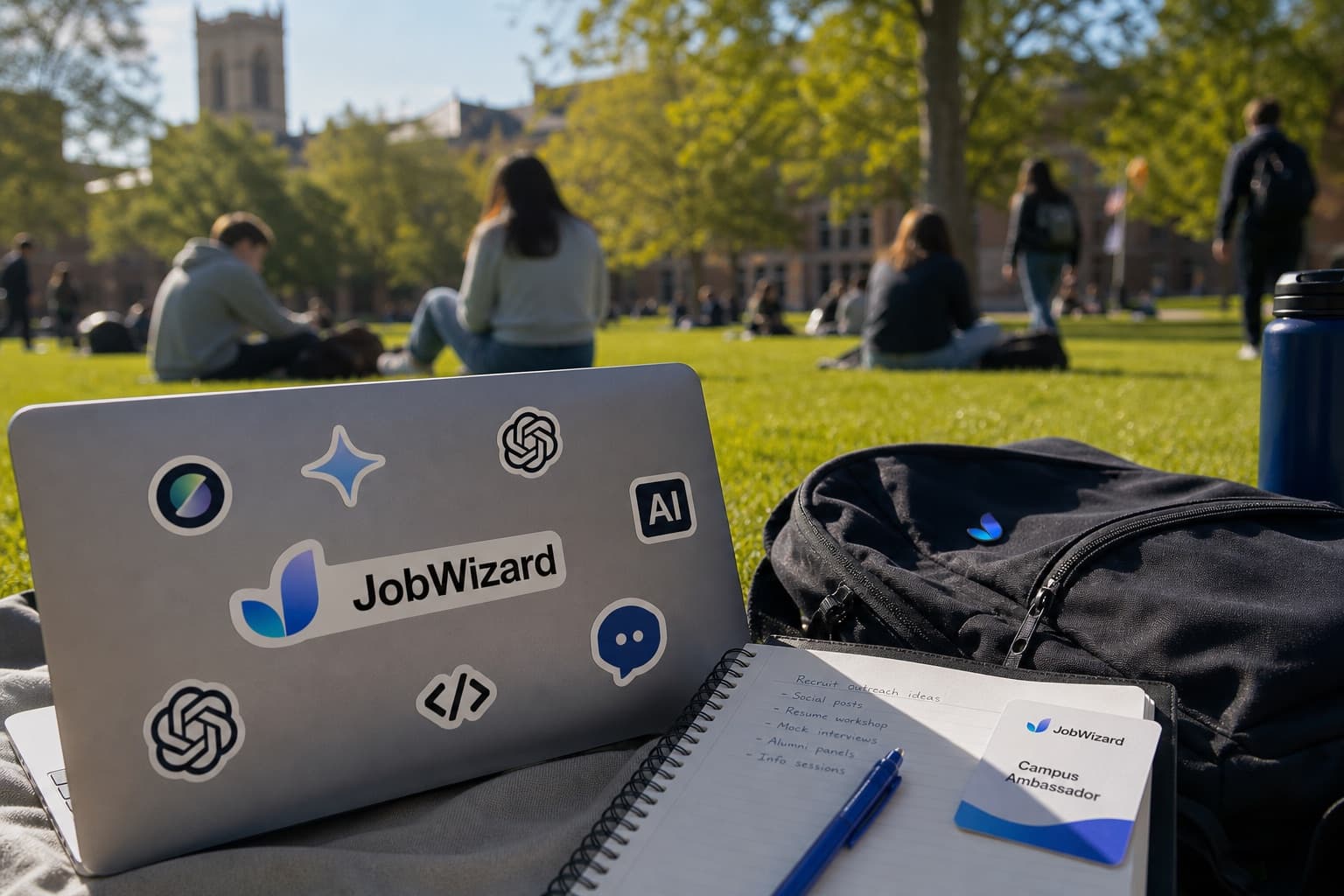 JobWizard laptop and ambassador notes on a campus lawn