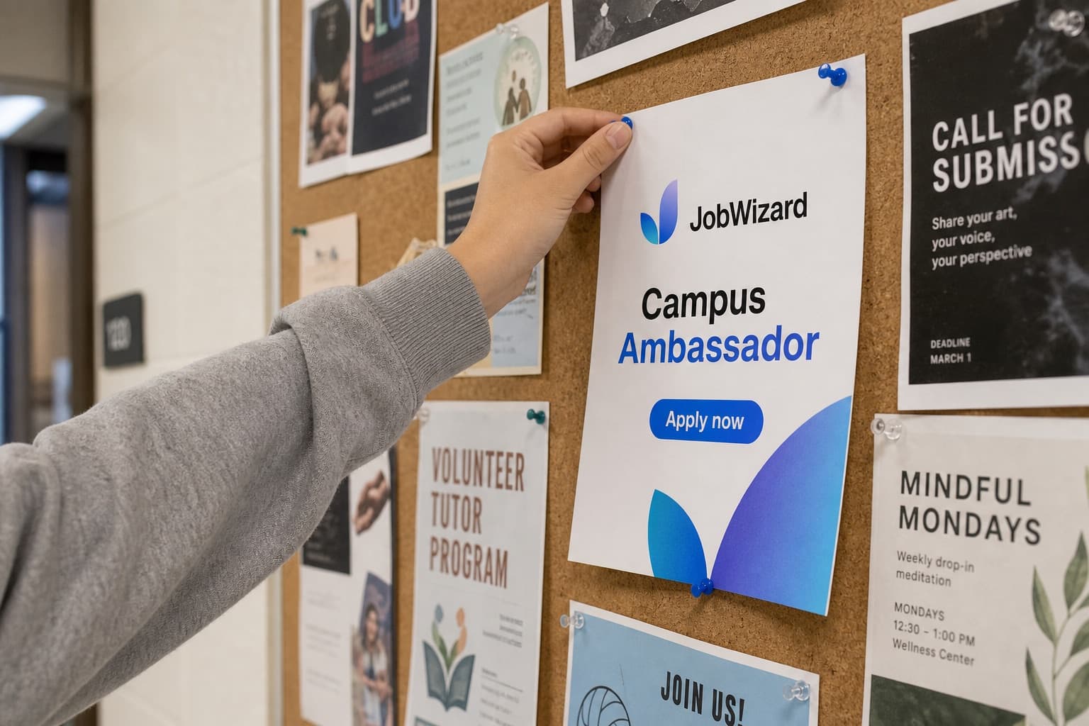 JobWizard Campus Ambassador flyer pinned to a campus bulletin board