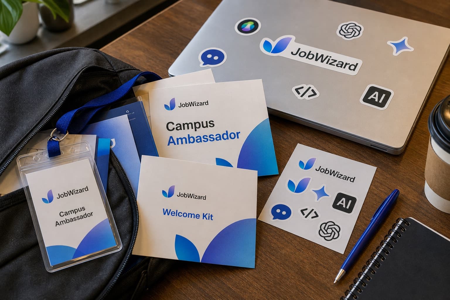 JobWizard Campus Ambassador welcome kit and branded stickers