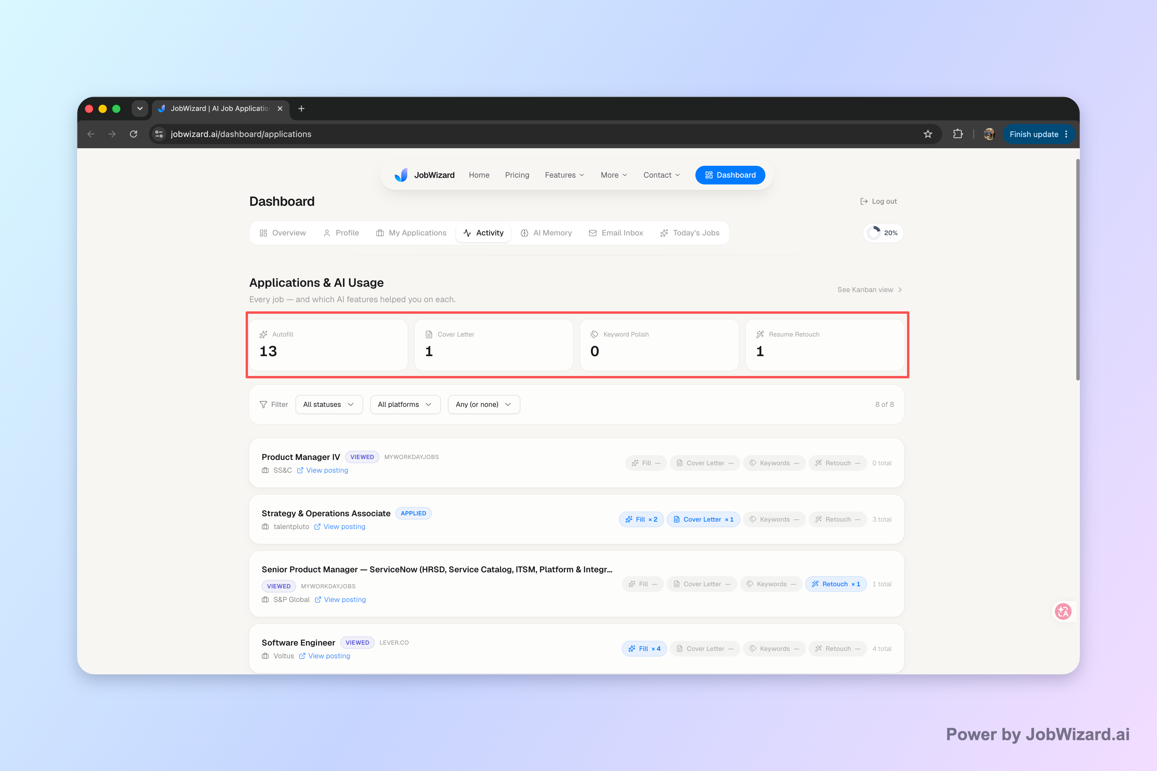 The JobWizard activity dashboard showing application status and AI tools used for each job