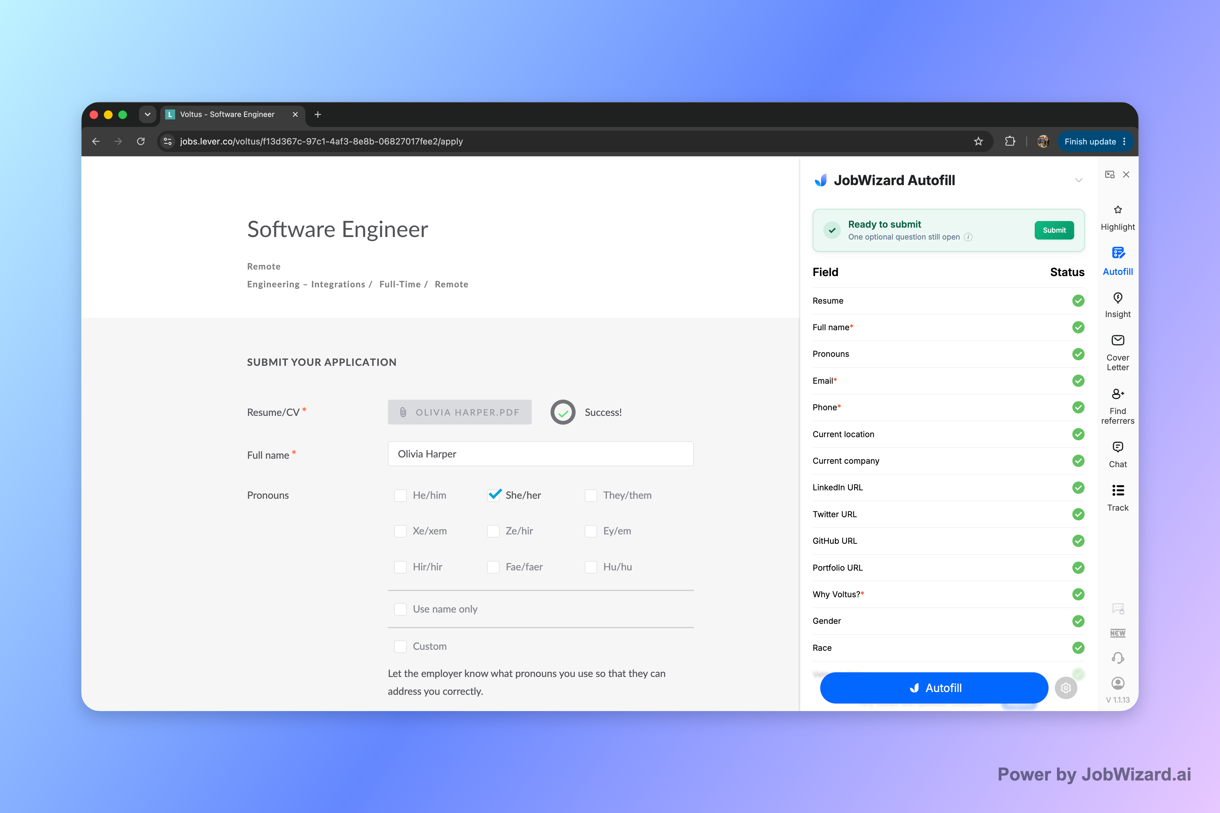 A Lever application filled by JobWizard and ready for the job seeker to review before submitting