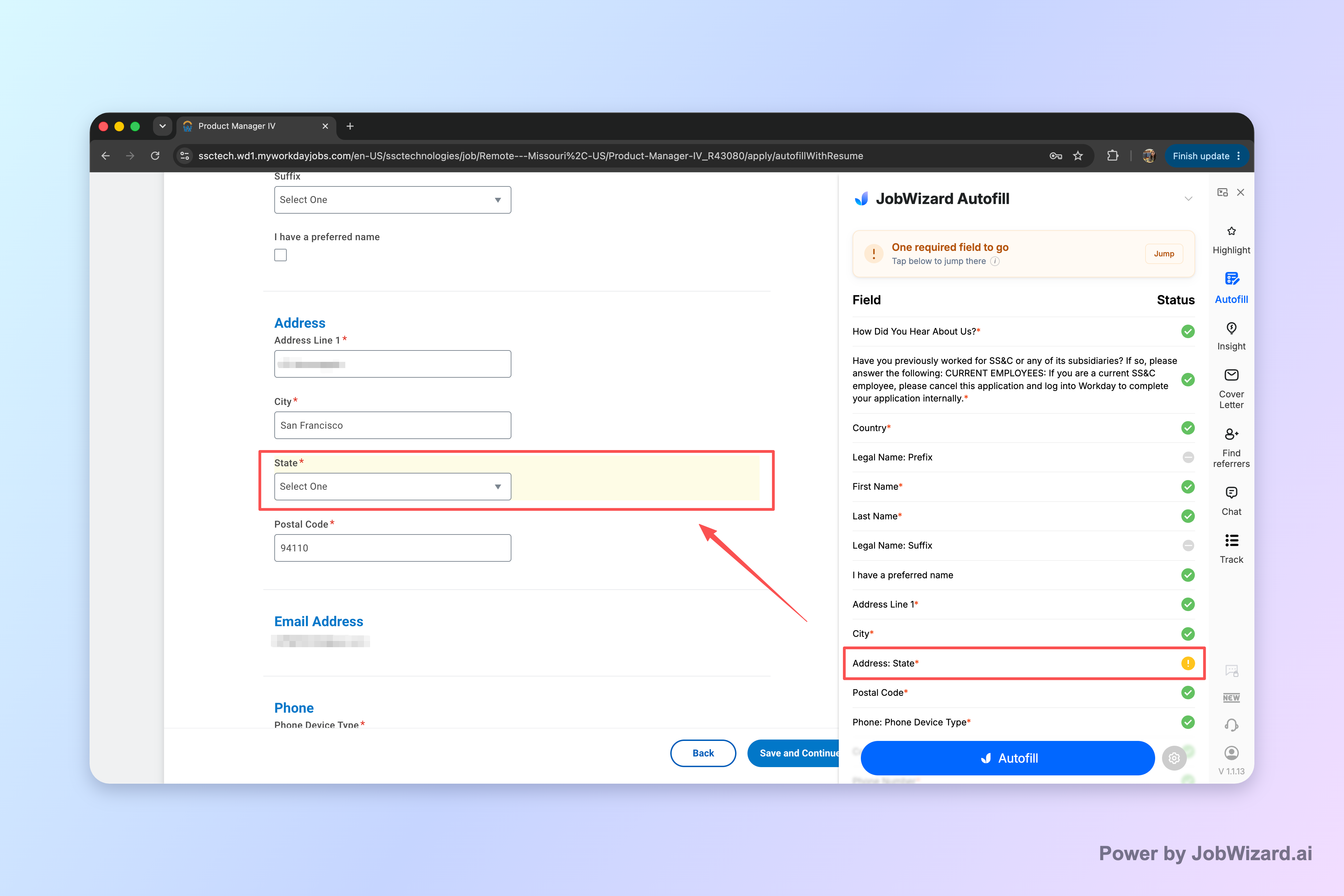 JobWizard Autofill highlighting a missing required field and jumping to it on a Workday application