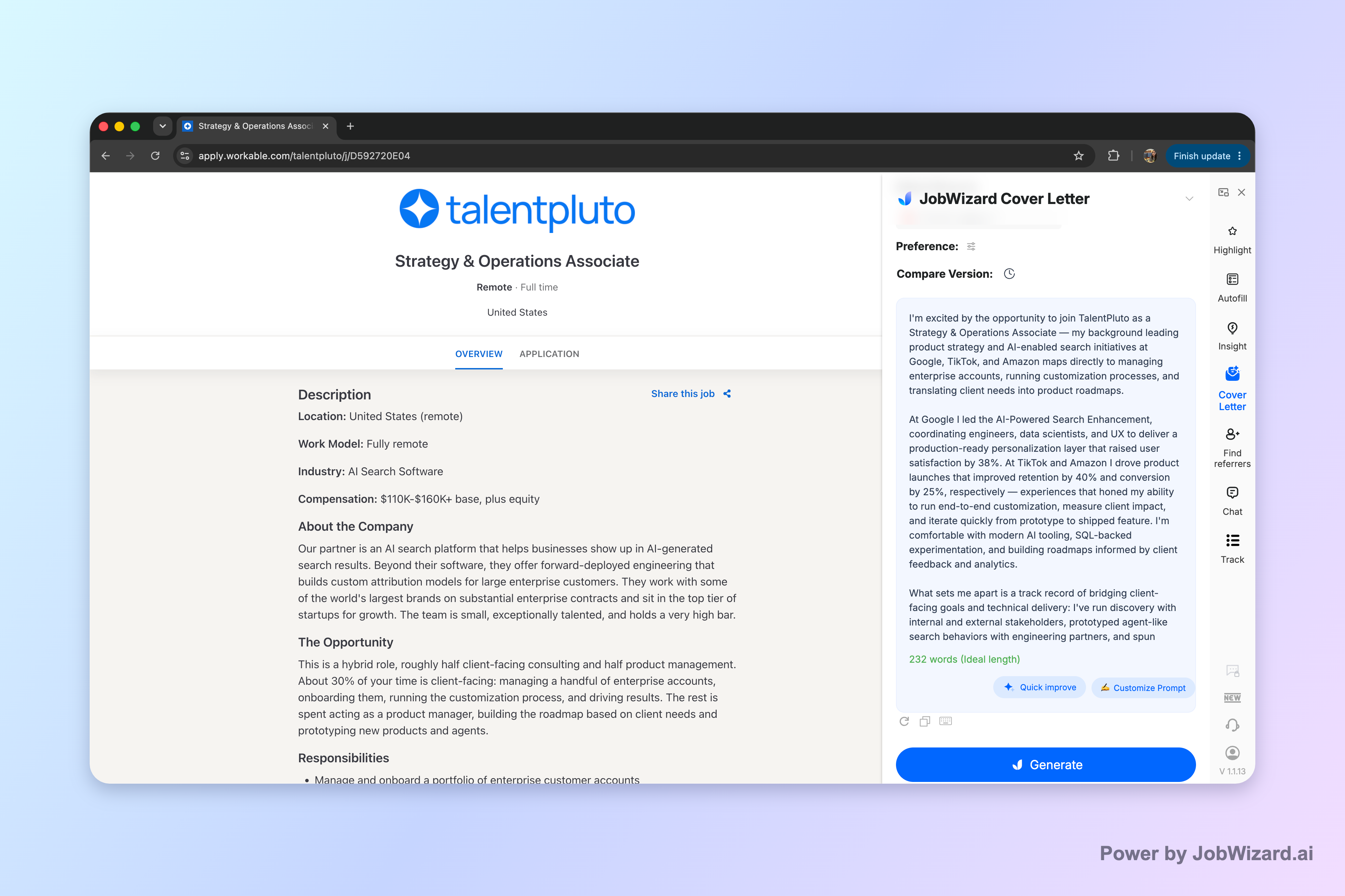 A JobWizard cover letter draft generated for a remote US role on Workable