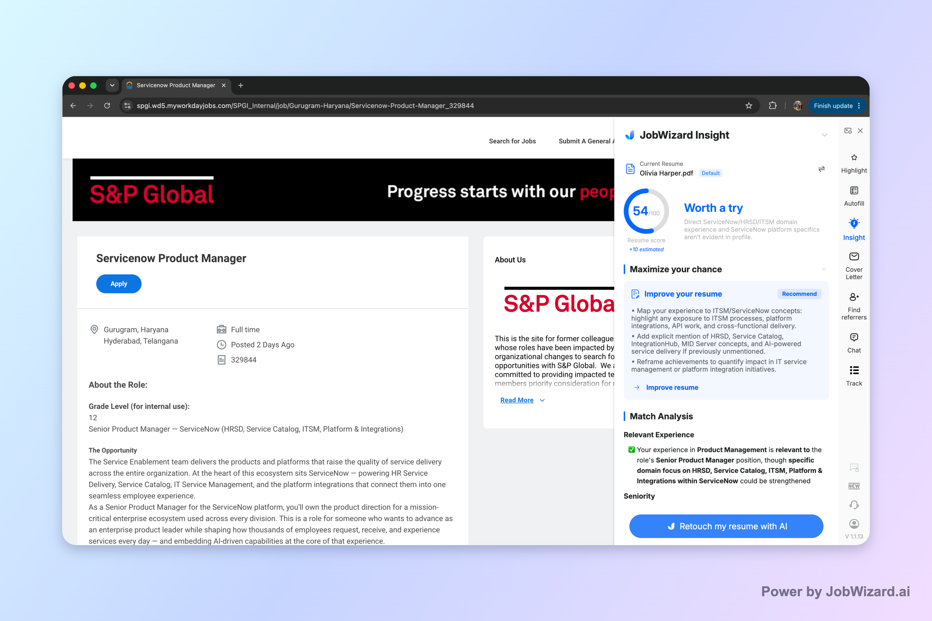 JobWizard Insight comparing a resume with a Workday job description and showing a match score