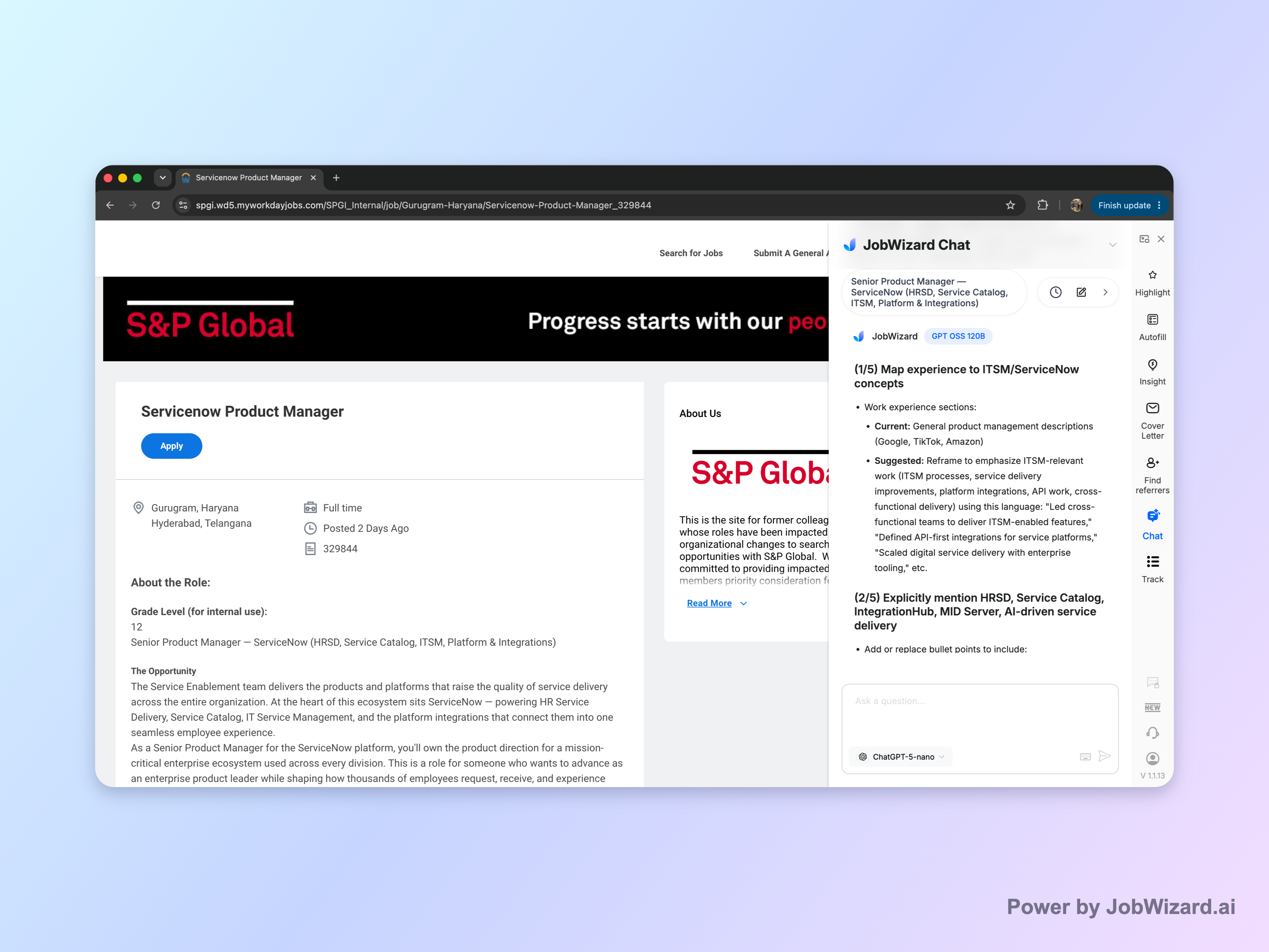 JobWizard diagnosing how a resume could better reflect the requirements of a Workday job posting
