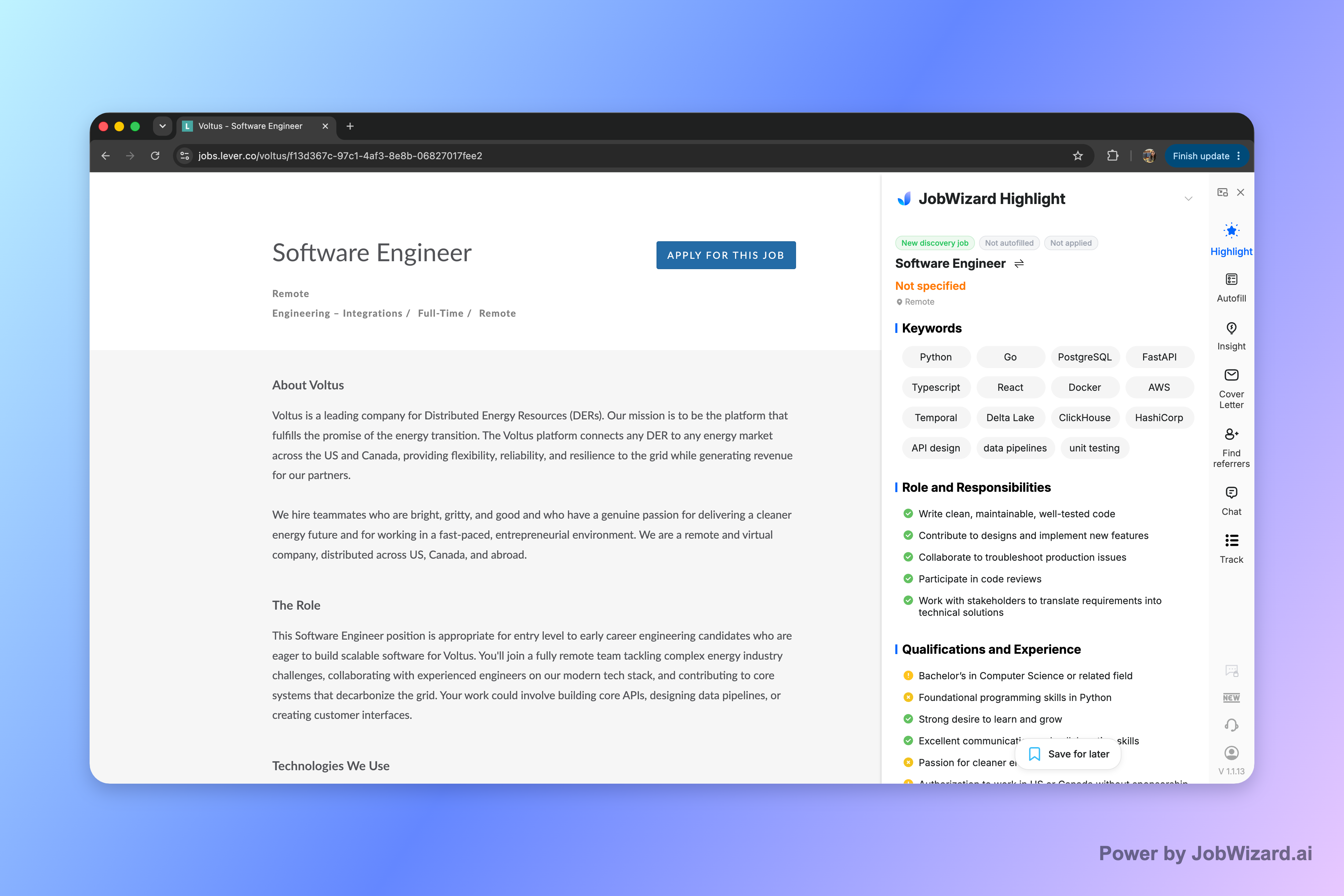 JobWizard highlighting keywords, responsibilities, and qualifications on a Lever job posting