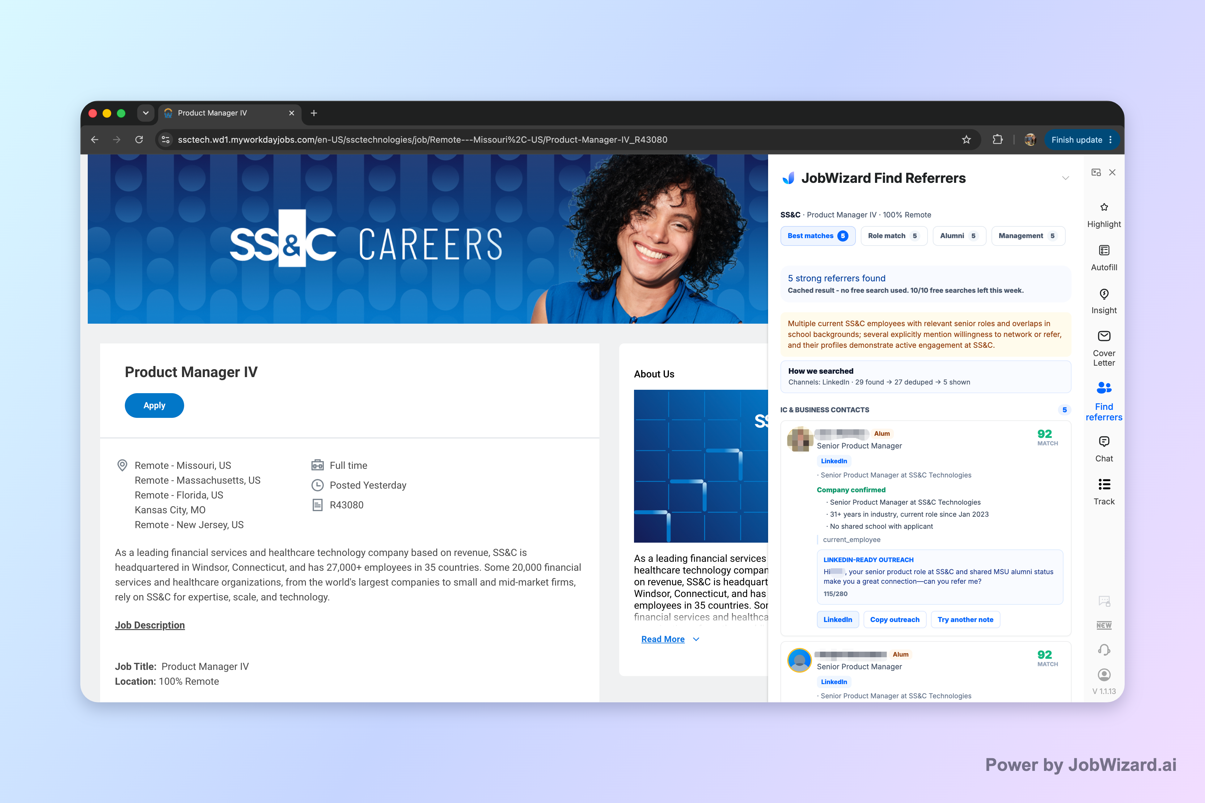 JobWizard Referral Finder showing matched employees and an editable LinkedIn outreach draft for a Workday role